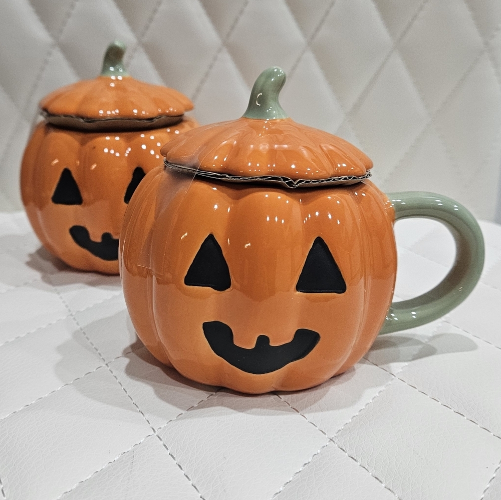 New SET (2) Pumpkin Mug with Lid Jack-o-lantern Halloween Theme NWT